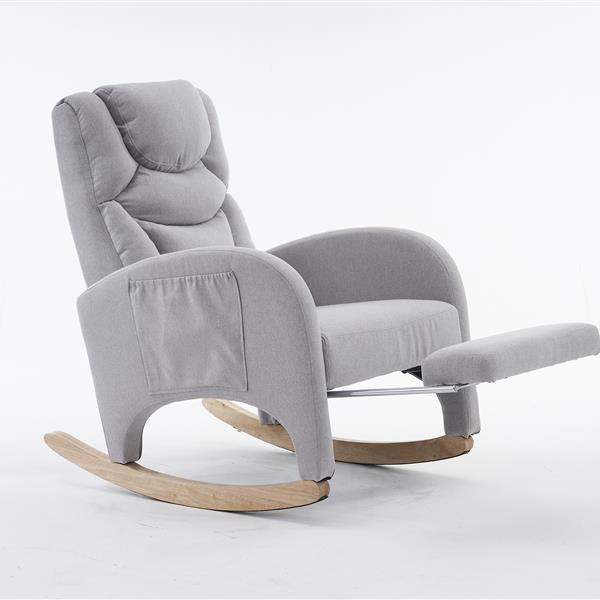 052- Cotton Linen Fabric Nursery Rocking Chair With Adjustable Footrest,Light Gray