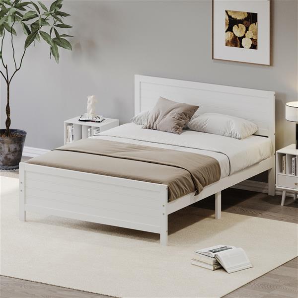 Wood Platform Bed Frame with Headboard, Mattress Foundation with Wood Slat Support, No Box Spring Needed, King Size, White