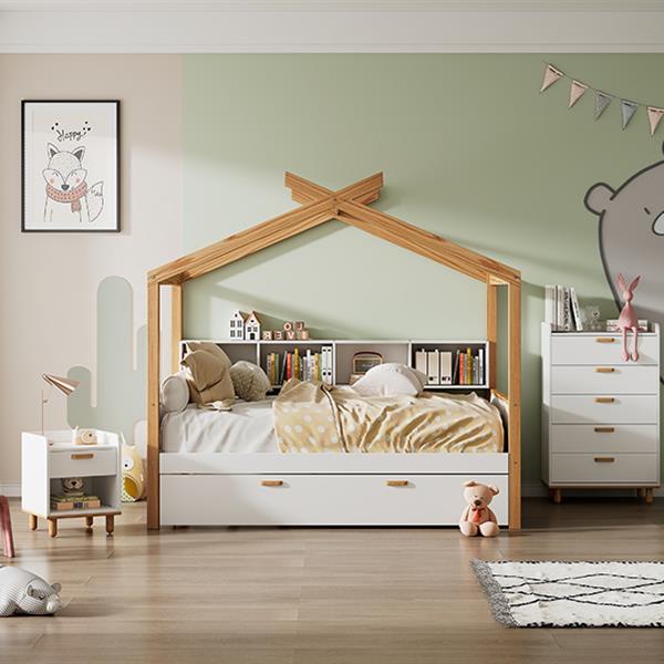 White Twin Size Wooden House Bed with Original Wood Colored Frame Twin Size Trundle and Bookshelf Storage Space for Children or Guest Room