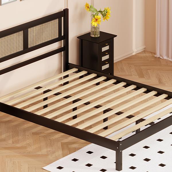 Full Size Wooden Platform Bed with Natural Rattan Headboard, Exquisite Elegance with Minimalist Charm for Bedroom, Black