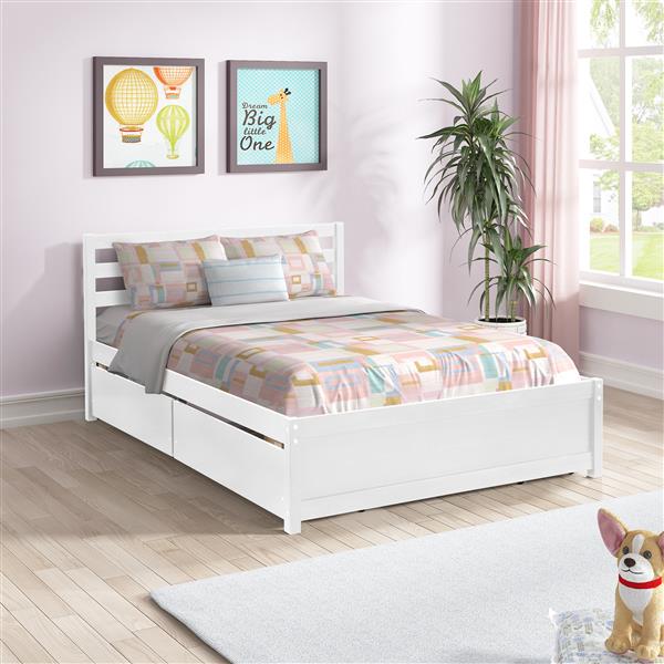 Full Size Wood Platform Bed Frame with 4 Storage Drawers and Headboard of White Color for All Ages