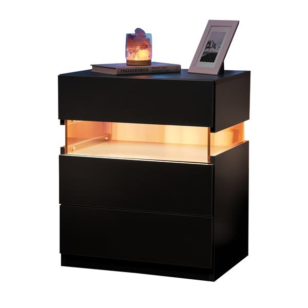 LED Nightstands 3 Drawer Dresser for Bedroom End Table with Acrylic Board LED Bedside Tables for Bedroom Living Room Bedside Furniture (Black)