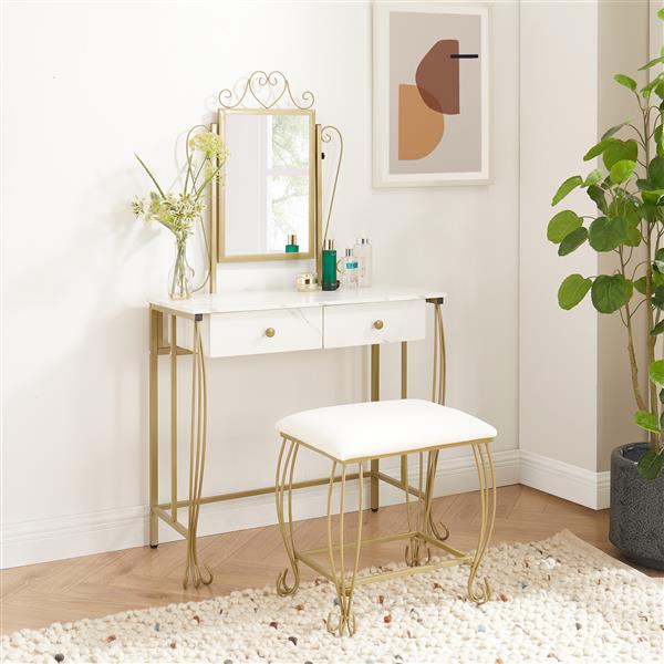 Vanity Mirror Table Set, Makeup Desk Vanity with Stool, Vintage Bedroom Vanity Lots Storage Dressing Table White for Women and Girls