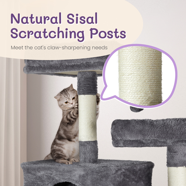 65 inch Cat Tree Cat Tower for Indoor Cats, Large Multi-Level Cat Play House Condo Furniture with Padded Platform Beds, Large Cozy Condos, Sisal Scratching Posts, Toy Balls and Cat Play Tunnel, Dark G