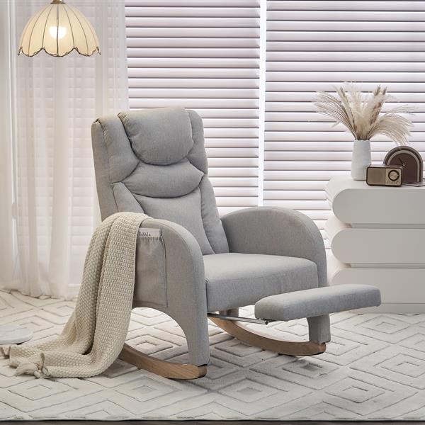 052- Cotton Linen Fabric Nursery Rocking Chair With Adjustable Footrest,Light Gray