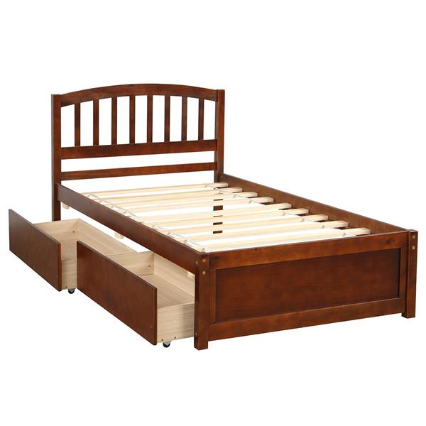 Twin Platform Storage Bed Wood Bed Frame with Two Drawers and Headboard, Walnut