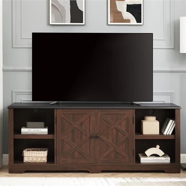 Modern Farmhouse TV Media Stand, Large Barn Inspired Home Entertainment Console, for TV Up to 80'', with Open Shelves and Closed Cabinets, Espresso and Black, 70"W*15.55"D*26.89"H