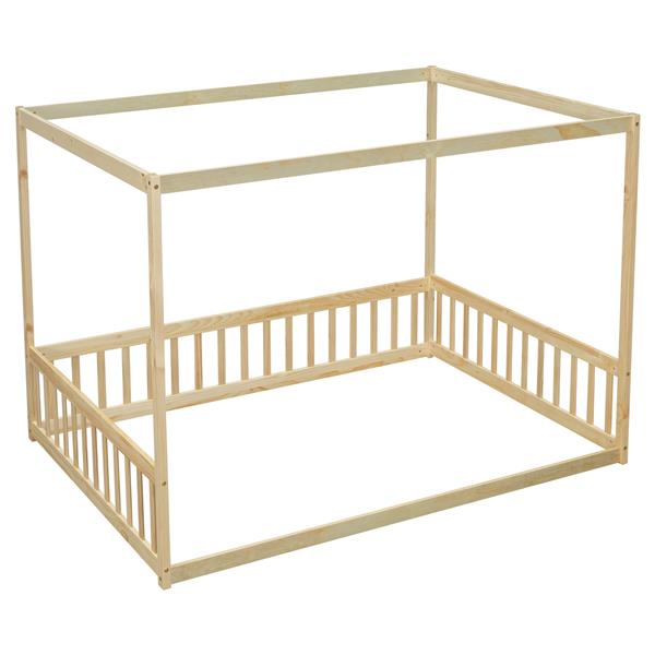 Full Size Canopy Frame Floor Bed with Fence, Guardrails,Natural