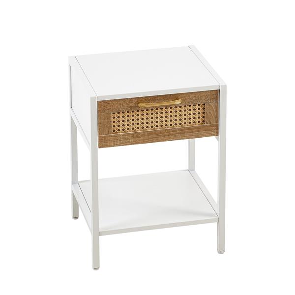 Set of 2, 15.74" Rattan End table with  drawer, Modern nightstand, metal legs,side table for living room, bedroom,white