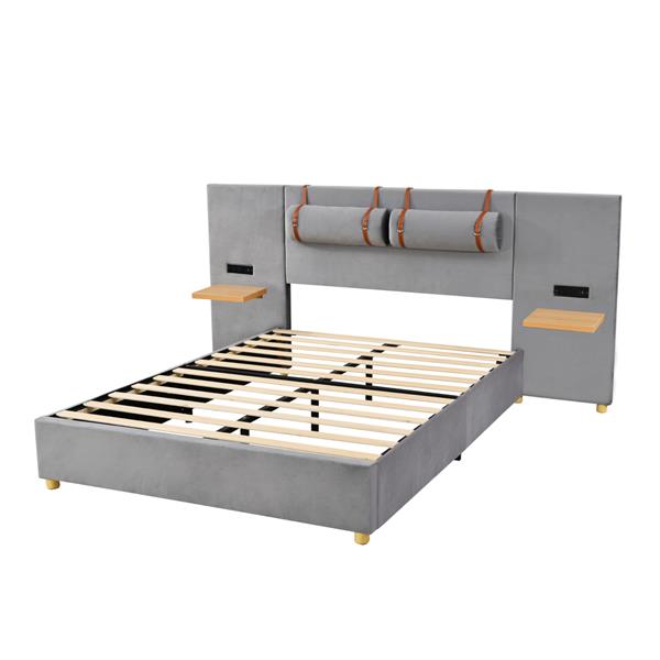 Queen Upholstered Platform Bed, Two Outlets and USB Charging Ports on Both Sides, Two Bedside Pillows, Storage Shelves, Gray