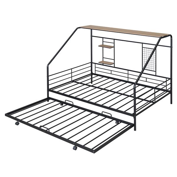 Full Size Metal House Bed with Trundle, Black