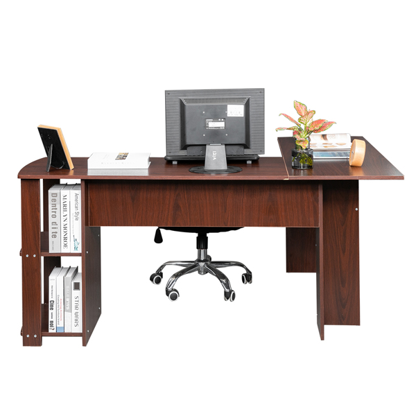 L-Shaped Wood Right-angle Computer Desk with Two-layer Bookshelves Dark Brown