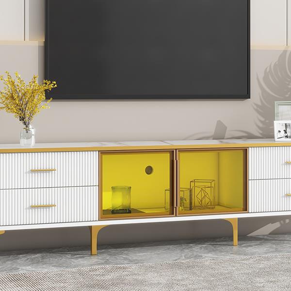 Stylish LED TV Stand with Marble-veined Table Top for TVs Up to 78'', Entertainment Center with Brown Glass Storage Cabinet, Golden Legs & Handles for Living Room, White