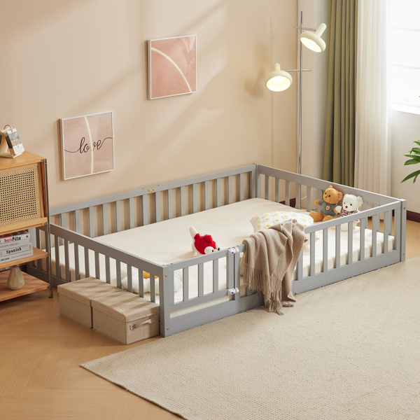 Fence Bed With Door With Board Grey Painted Pine Full Children's Bed