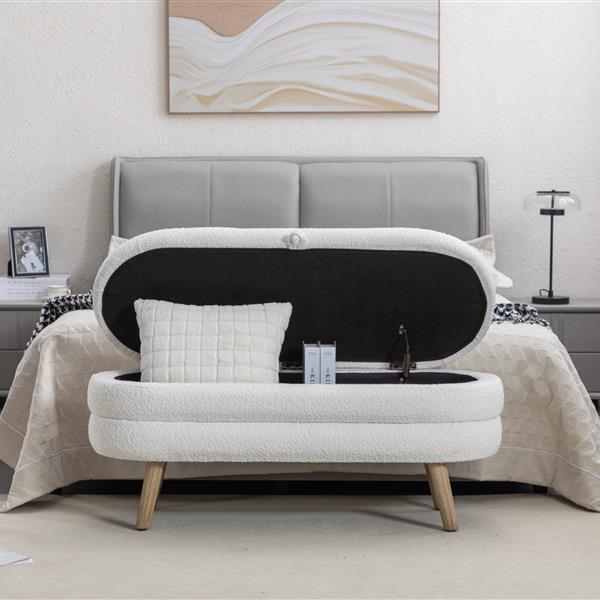 036-Boucle Fabric Storage Bench Bedroom Bench With Wood Legs For Living Room Bedroom Indoor,Ivory