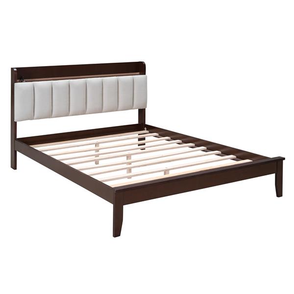 Full size Platform Bed with USB Charging Station and Storage Upholstered Headboard,LED Bed Frame,No Box Spring Needed,Walnut+Beige