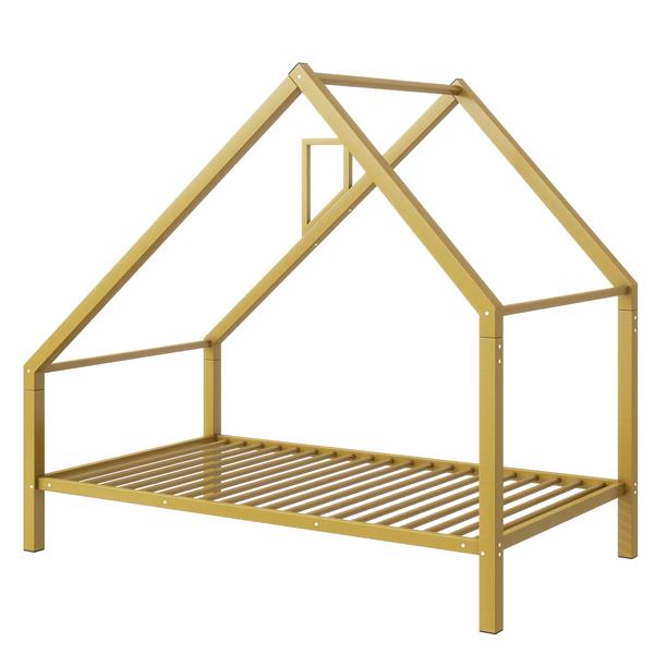 Twin Size Metal House Platform Bed with Roof and Chimney, Gold