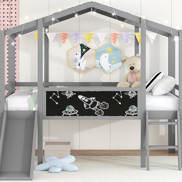 Twin Size Loft Bed with Ladder and Slide, House Bed with Blackboard and Light Strip on the Roof, Gray