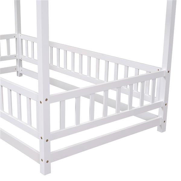 Twin Size Floor Wooden Bed with House Roof Frame, Fence Guardrails,White