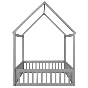 Full Size Wood House Bed with Fence and Door, Gray Wash