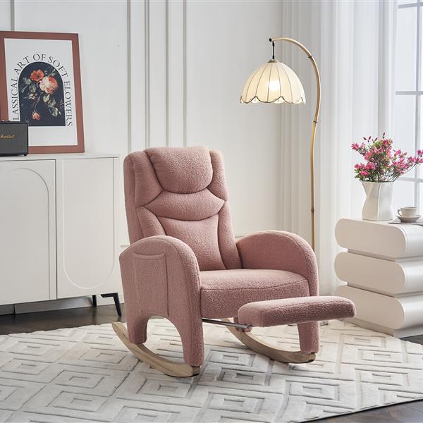 052-Teddy Fabric Nursery Rocking Chair With Adjustable Footrest,Pink