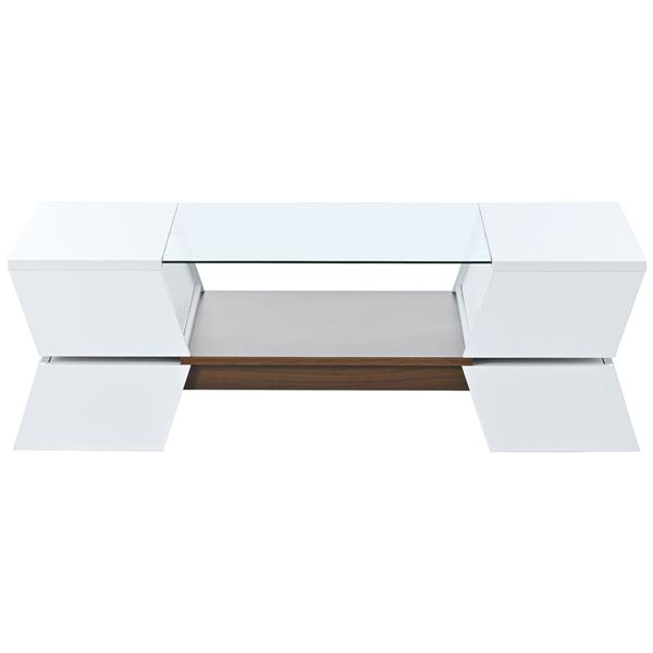 [VIDEO provided] 6mm Glass-Top Coffee Table with Open Shelves and Cabinets, Geometric Style Cocktail Table with Great Storage Capacity, Modernist 2-Tier Center Table for Living Room, White