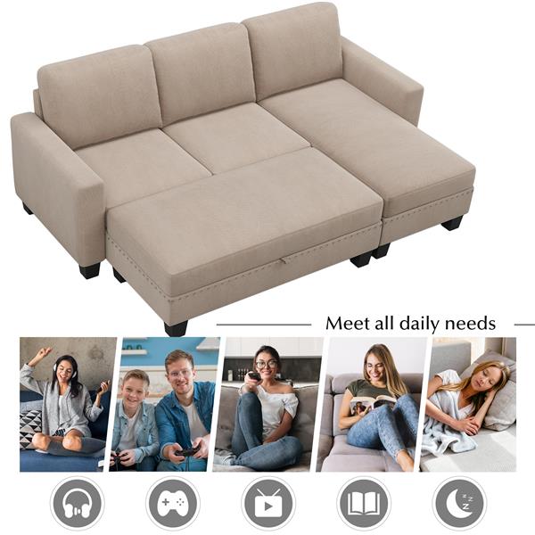 [New]81" Reversible Sectional Couch with Storage Chaise L-Shaped Sofa for Apartment Sectional Set ,Sectional Sofa with Ottoman,Nailhead Textured Linen Fabric 3 pieces Sofa Set,Warm Grey