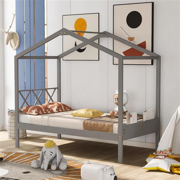 Twin Size Wood House Bed with Storage Space, Gray