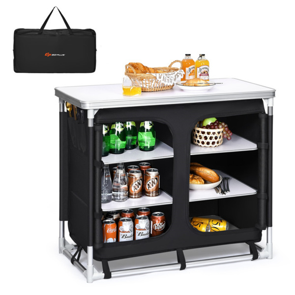 Black Camping Kitchen Table with Storage Shelves