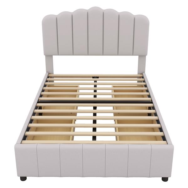 Full Size Upholstered Bed with 4 Storage Drawers,Wood Slat Support, Beige