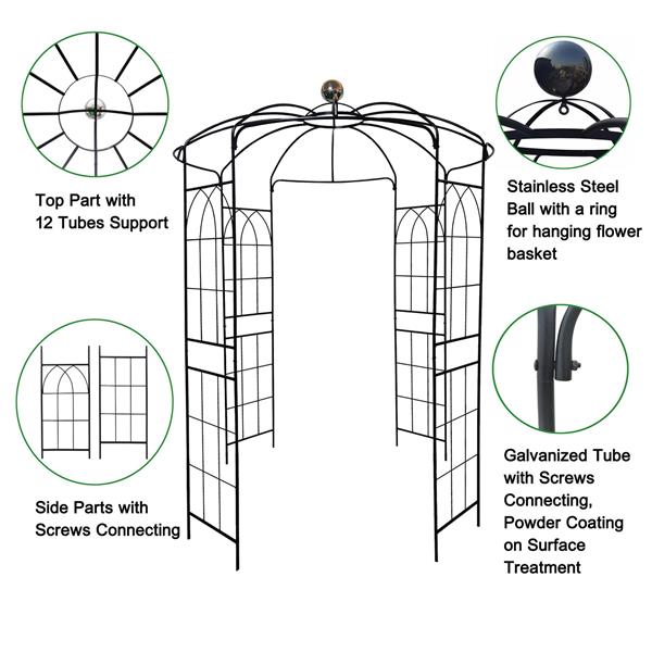 Metal Garden Arch Iron Garden Arbors Gazebo Dia81.3'' x 114.2'' High Birdcage Shape Pergola Pavilion for Wedding Ceremony
Outdoor Black