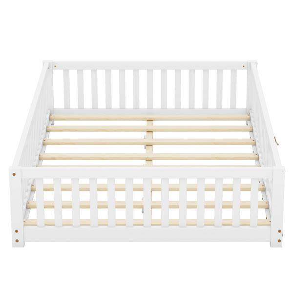 Full Size Bed Floor Bed with Safety Guardrails and Door for Kids, White