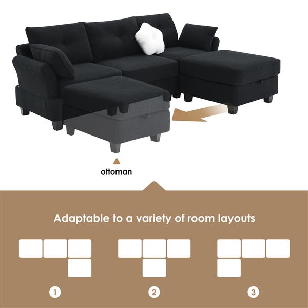 [VIDEO provided] [New] 92*63"Modern Teddy Velvet Sectional Sofa,Charging Ports on Each Side,L-shaped Couch with Storage Ottoman,4 seat Interior Furniture for Living Room, Apartment,3 Colors(3 pillows)