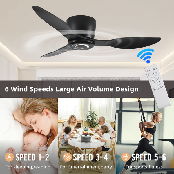 42" Flush Mount Ceiling Fan without light, 3 Reversible Blades, with 6 Speeds Reversible DC Motor,Low Profile Ceiling Fan with no light for Living Room Kitchen Bedroom