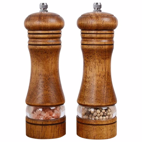 2Pcs Oak Wooden Manual Pepper Grinder Salt Spice Herb Mill Refillable UK