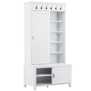 [VIDEO provided] Multifunctional Hall Tree with Sliding Doors, Wooden Hallway Shoe Cabinet with Storage Bench and Shelves, Mudroom Coat Storage with Hanging Hooks for Entryways, White