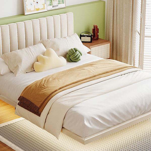 Queen Size Upholstered Bed with Sensor Light and Headboard, Floating Velvet Platform Bed, Beige