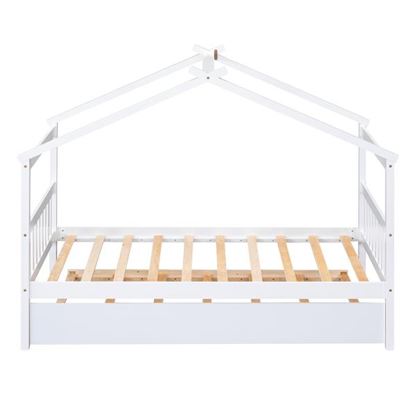 Twin Size Wooden House Bed with Twin Size Trundle, White