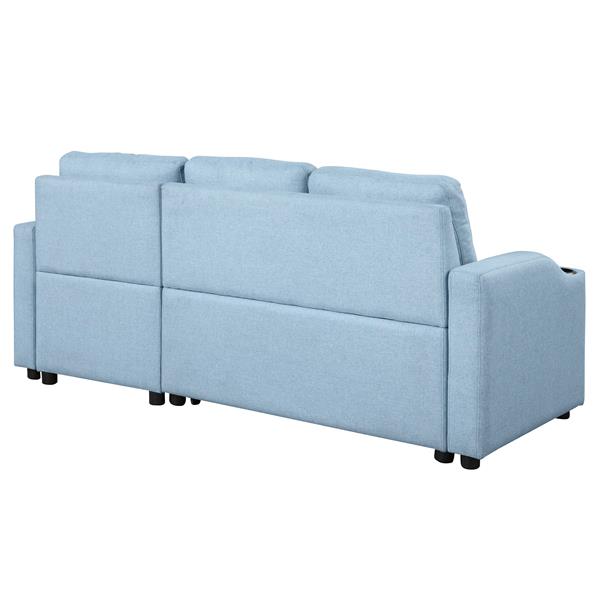 80.3". Pull Out Sofa Bed Modern Padded Upholstered Sofa Bed , Linen Fabric 3 Seater Couch with Storage Chaise and Cup Holder , Small Couch for Small Spaces