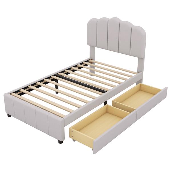 Twin Size Upholstered Bed with 2 Storage Drawers,Wood Slat Support, Beige