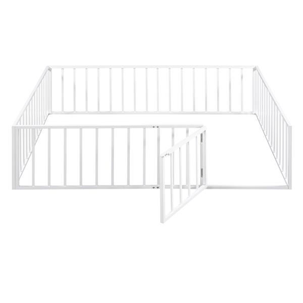 Queen Size Metal Floor Bed Frame with Fence and Door, White