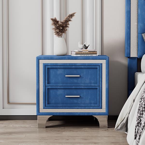 2-Drawer Nightstand with Metal Legs for Bedroom, Mid Century Nightstand Fully Assembled Except Legs and Handles,Velvet Bedside Table-Blue