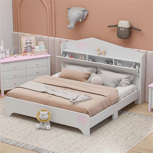 Wooden Full Size House Bed with Storage Headboard ,Kids Bed with Storage Shelf,White