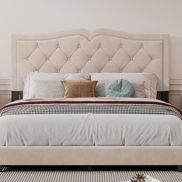 Queen Size Upholstered Bed Frame with Rivet Design, Modern Velvet Platform Bed with Tufted Headboard,Beige