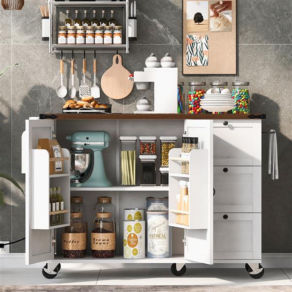 54.5" Farmhouse Kitchen Island with Power Outlet, Kitchen Storage Island  with Internal Storage Rack, Drop Leaf, Spice Rack, Rolling Kitchen Cart on Wheels, for Home, Kitchen and Dining Room,White