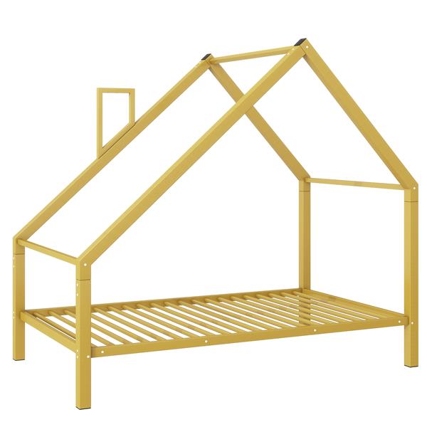 Twin Size Metal House Platform Bed with Roof and Chimney, Gold