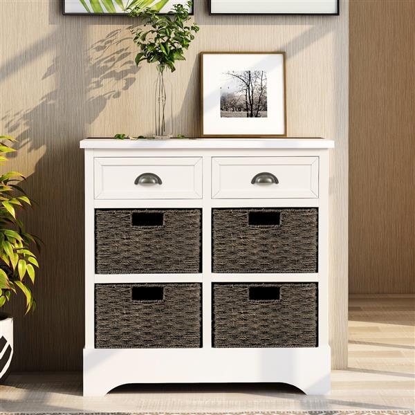 Rustic Storage Cabinet with Two Drawers and Four  Classic Rattan Basket for Dining Room/Living Room (White)