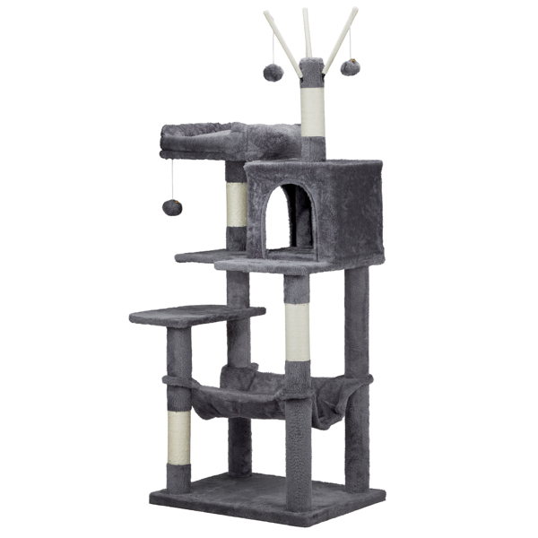 57 inch Cat Tree Cat Tower for Indoor Cats, Cat House with Padded Platform Bed, Toy Balls, Large Cozy Condo and Sisal Scratching Posts, Dark Grey