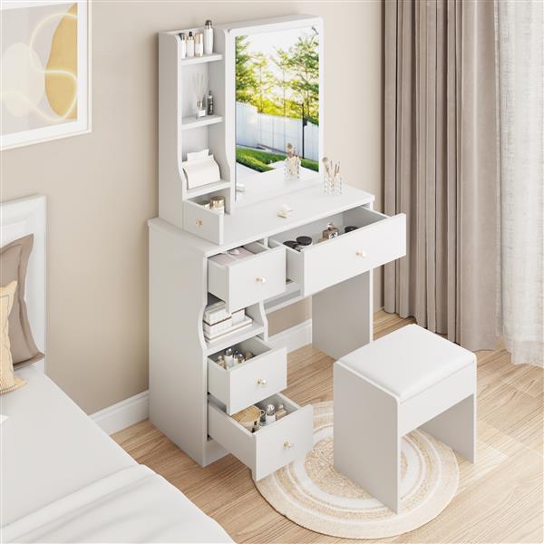 Small Space Left Drawer Desktop Vanity Table + Cushioned Stool, Extra Large Right sliding mirror, Multi Layer High Capacity Storage, Practical Fashionable Dresser, Suitable for Girls Up To 5.6ft Tall