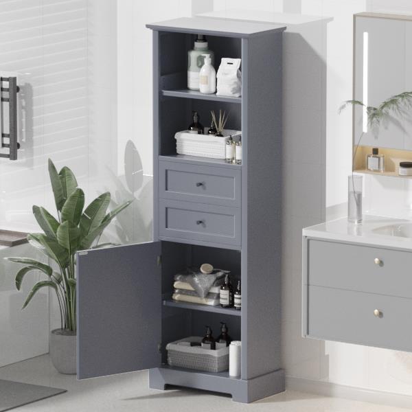 Bathroom Storage Cabinet, Tall Storage Cabinet with Two Drawers, Open Storage, Adjustable Shelf, Grey